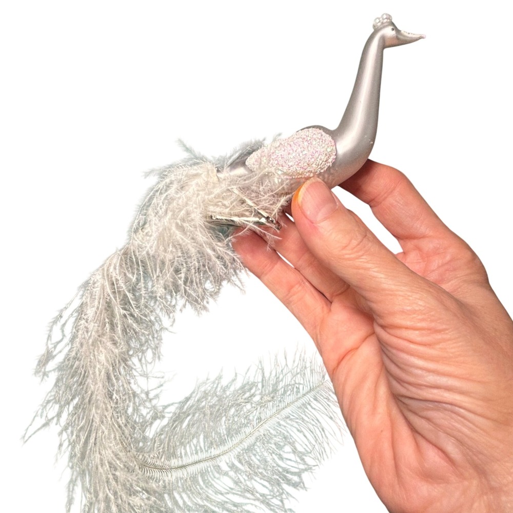 VTG Peacock Blown Glass Ornament Silverโ Feather Tail Iridescent Glitter 13in